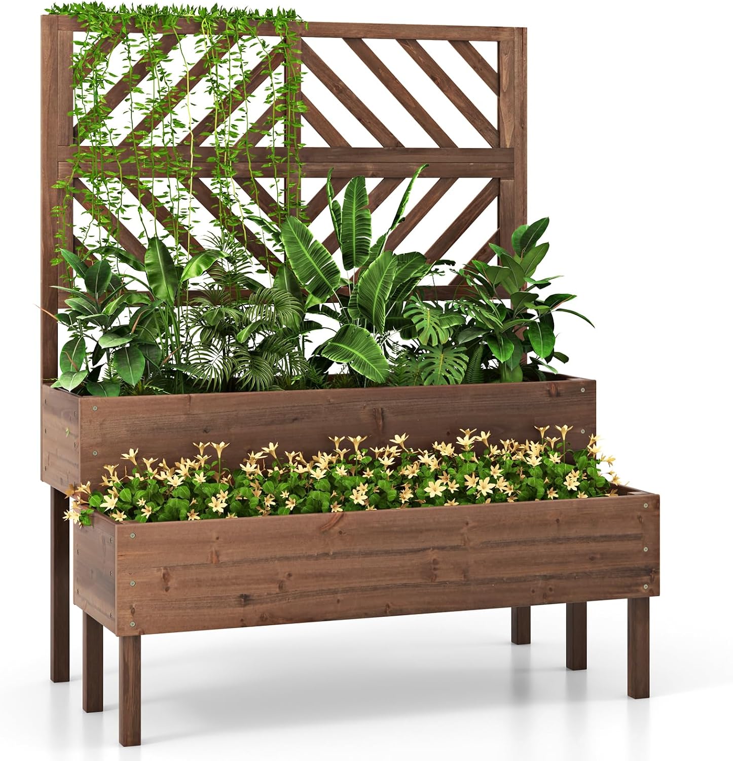 Raised Bed Planter Box - 支柱とプランターボックス2個付きの2段式高床式菜園、脚付きの杉材製高床式プランター、排水穴付き、花やハーブ、野菜に最適な高さ。