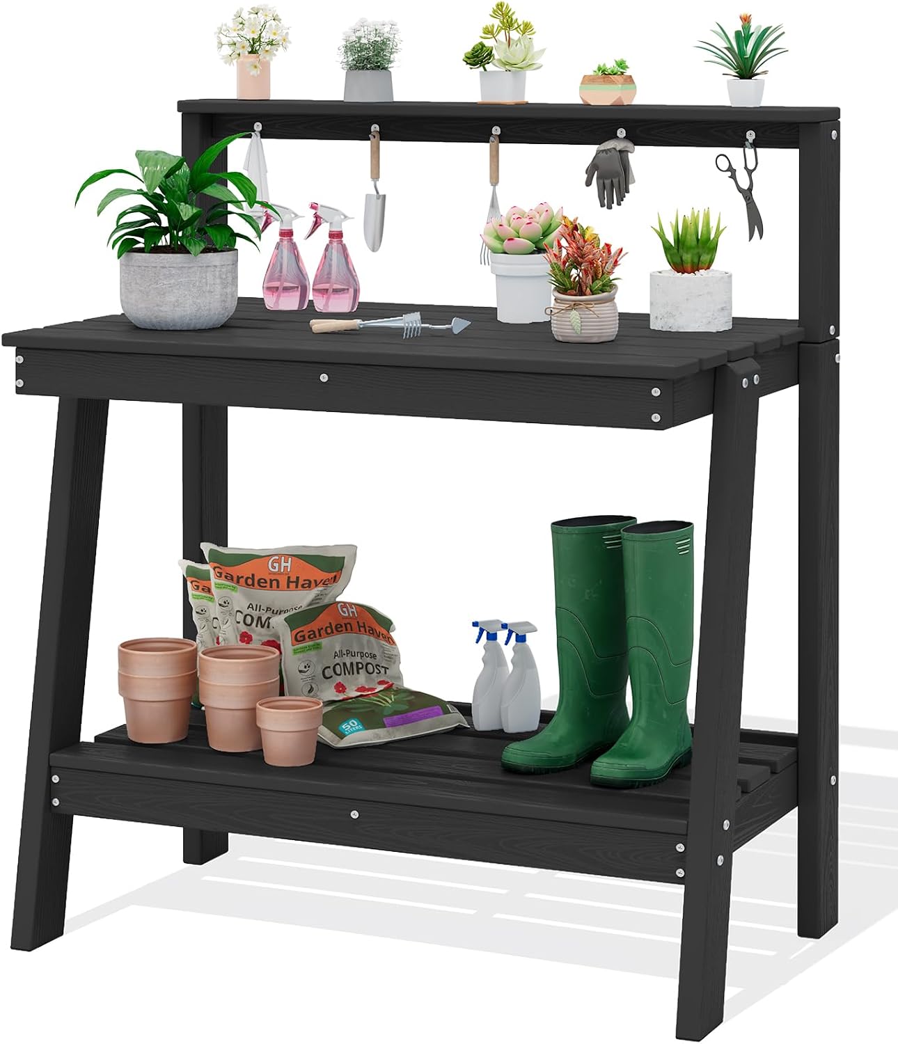 Gardening Tools And Uses - 3段式屋外ガーデニング用作業台、収納付き、防水HDPE構造、広々とした作業面、傾斜のある脚とツールフック、裏庭の庭園用、黒色