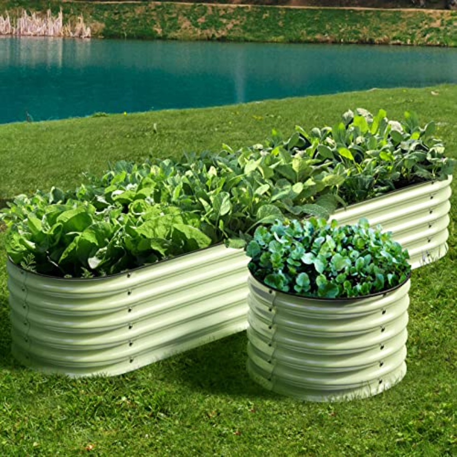 Raised Bed Planter Box - 屋外用のモジュール式亜鉛メッキ鋼製プランターボックス。高さ17インチ。シルバーグレーの4-in-1金属製プランターボックスで、錆びにくく、静音性に優れています。
