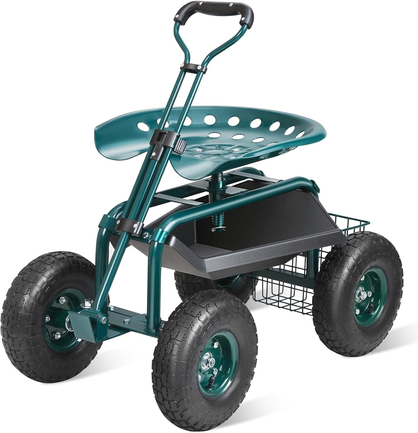 Gardening Tools And Uses - ガーデンカート ローリングワークシート（車輪付き）、植栽用ガーデニングスツール、360度回転シート、ステアリングハンドルとユーティリティツールトレイ付きワゴンスクーター、パティオ、庭、屋外での使用に最適、グリーン | 360度回転式ガーデンチェア、ステアリングハンドル付きワゴンスクーター