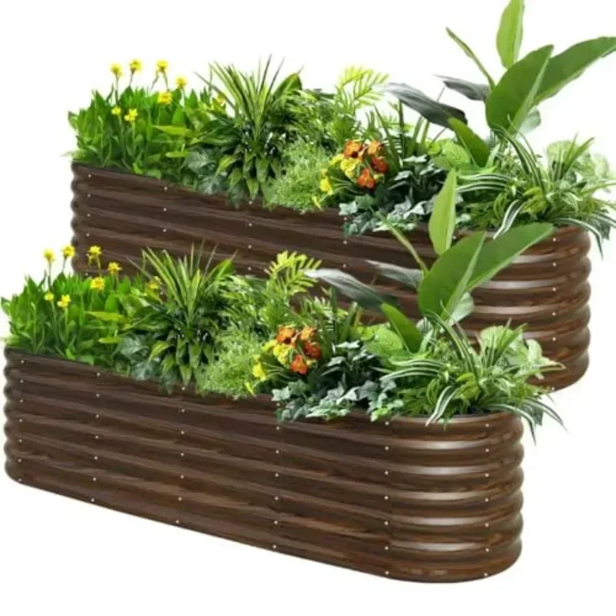 Raised Bed Planter Box - 亜鉛メッキ鋼製プランターボックス2個セット - 野菜、花、ハーブ用の金属製プランターボックス2個。組み立てが簡単で、開閉も容易。