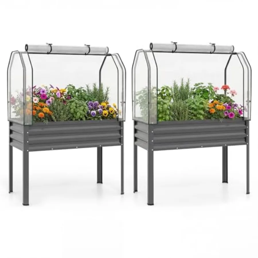 Raised Bed Planter Box - 脚付きで温室カバーが付いた高床式プランター、44x22x60のサイズで、巻き上げ式のドアが付いた金属製のプランターボックス、屋外用ミニ温室。