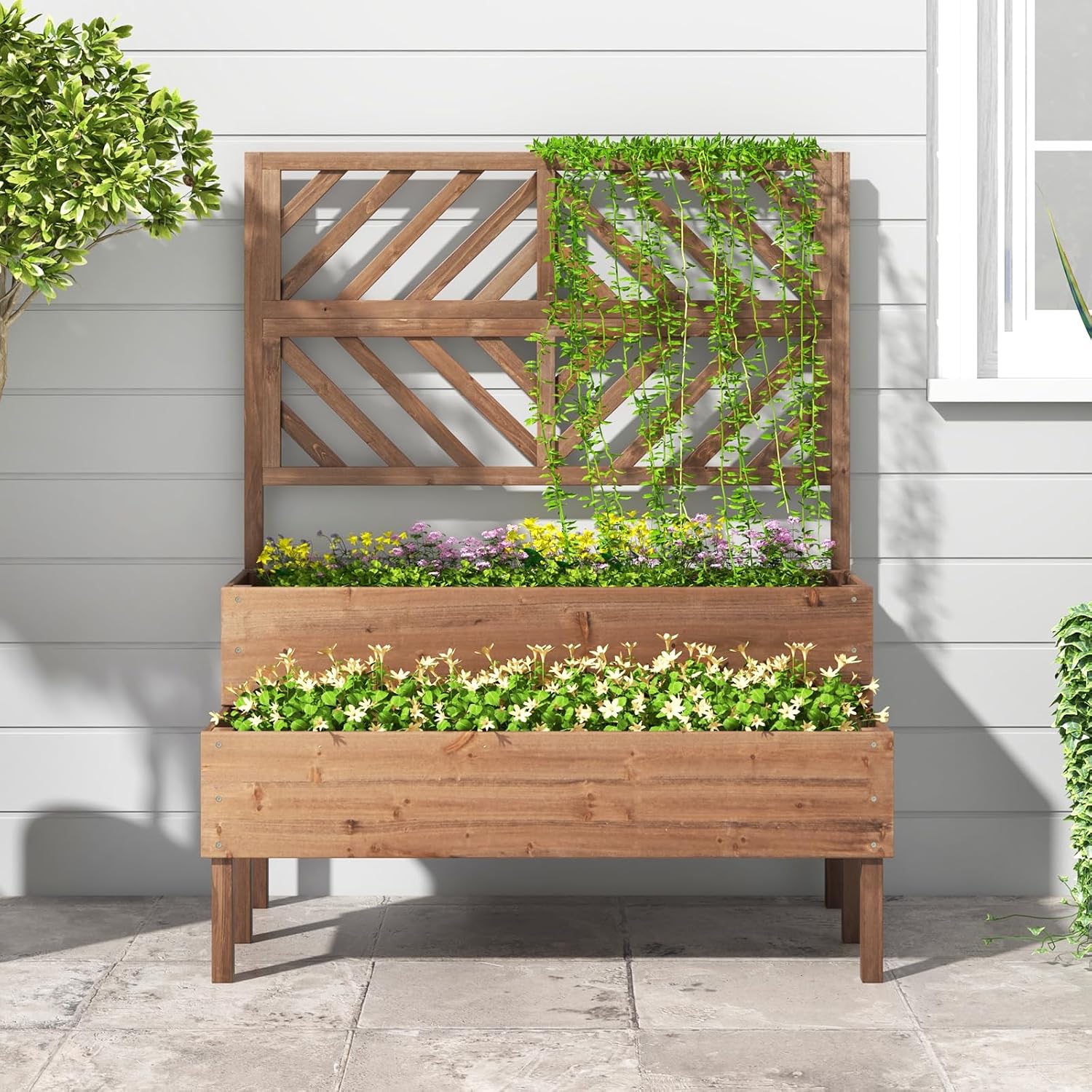 支柱とプランターボックス2個付きの2段式高床式菜園、脚付きの - Raised Bed Planter Box のレビューと価格