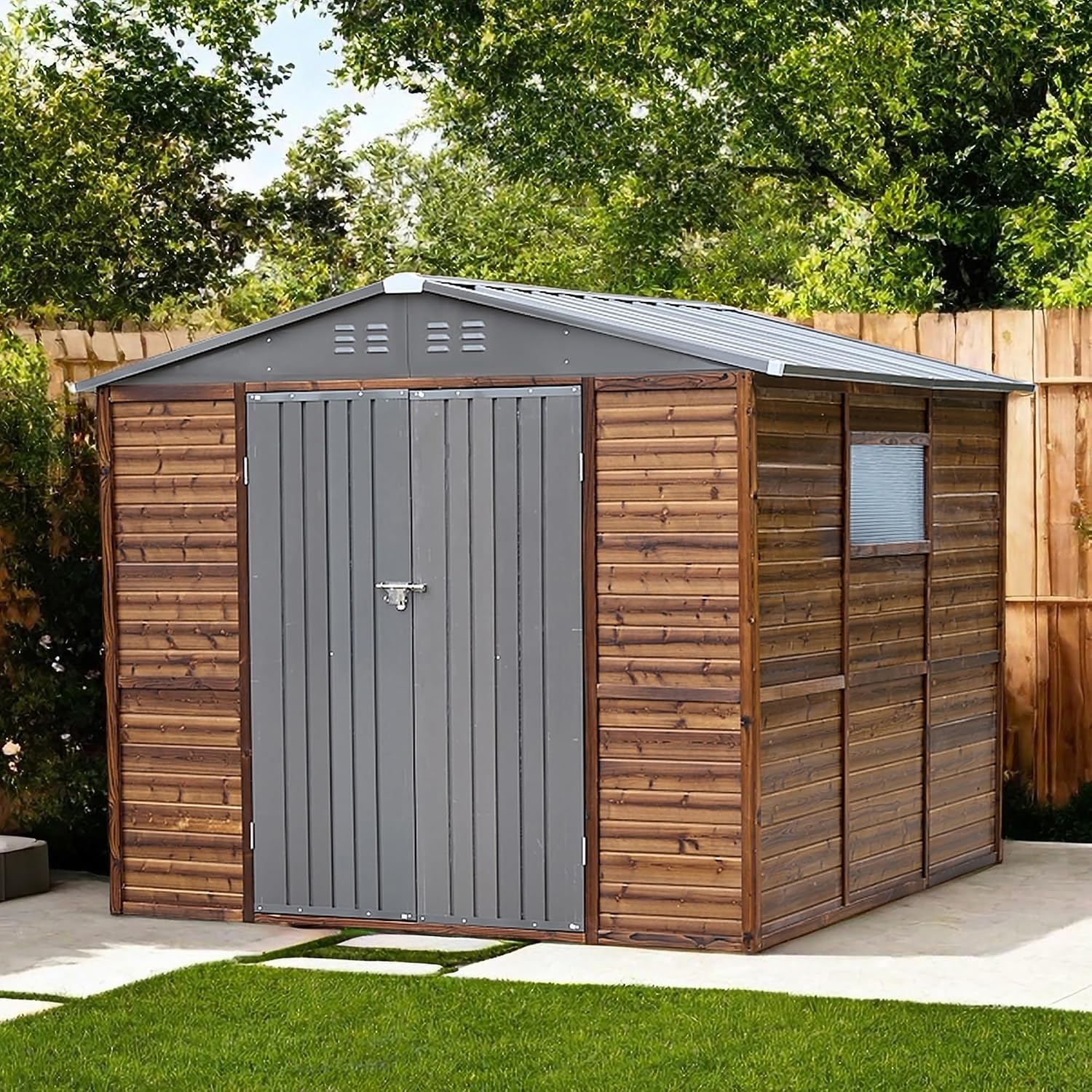 8x8フィートの屋外用木製＆金属製収納庫、防水仕様、窓と4つ - Gardening Tools Of のレビューと価格