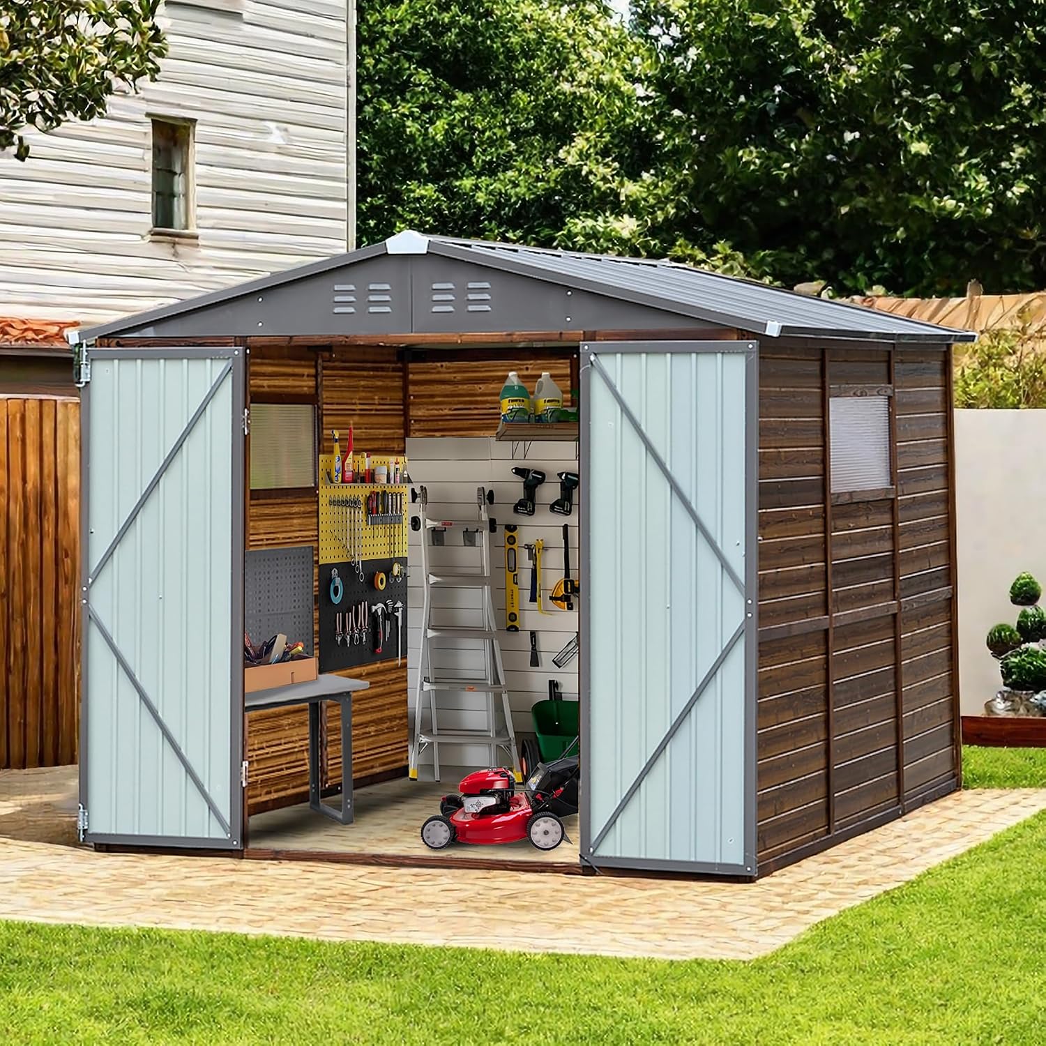 8x8フィートの屋外用木製＆金属製収納庫、防水仕様、窓と4つ - Gardening Tools Of のレビューと価格
