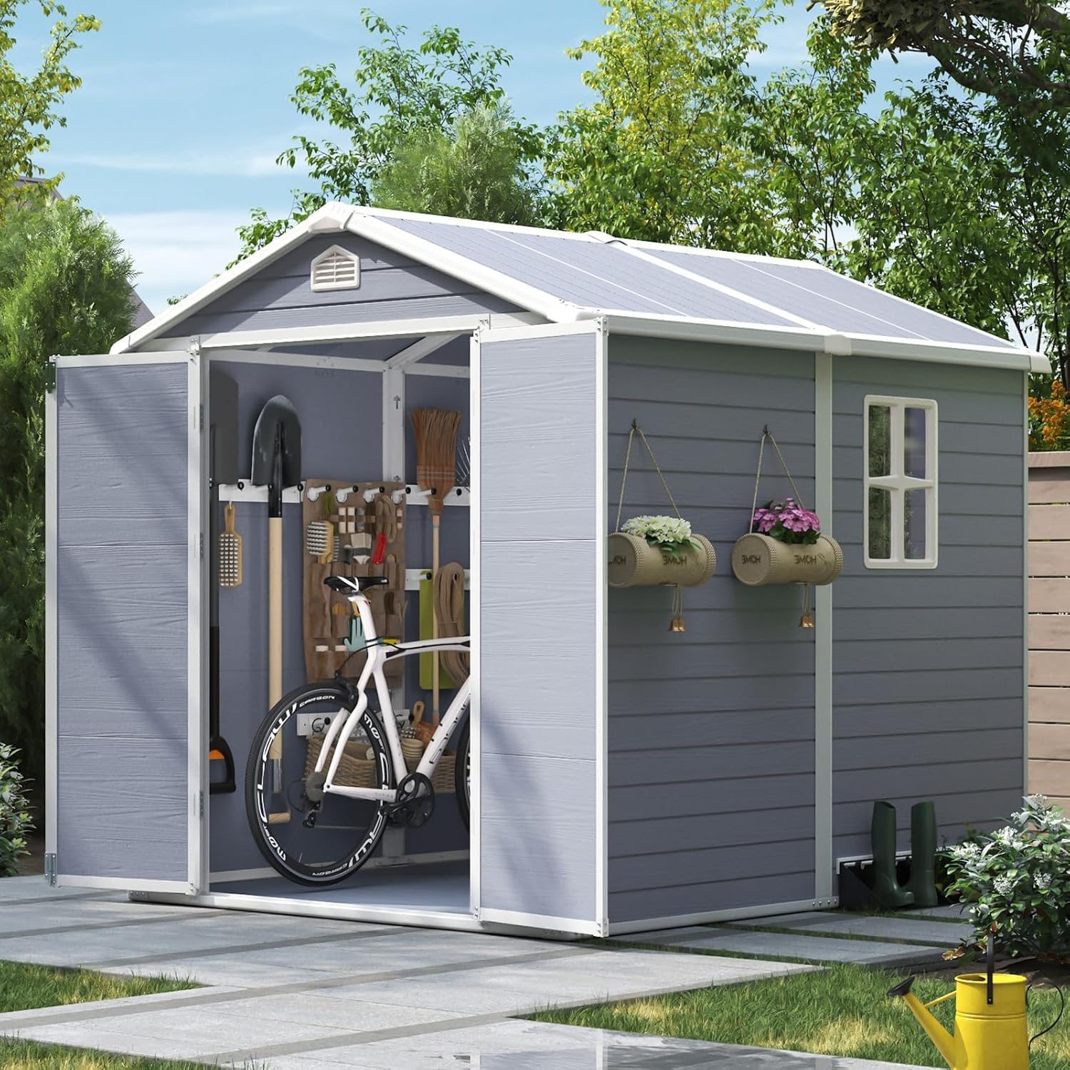 6x8フィート屋外収納庫、樹脂床、小型ガーデン用防水プラスチ - Gardening Tools Of のレビューと価格