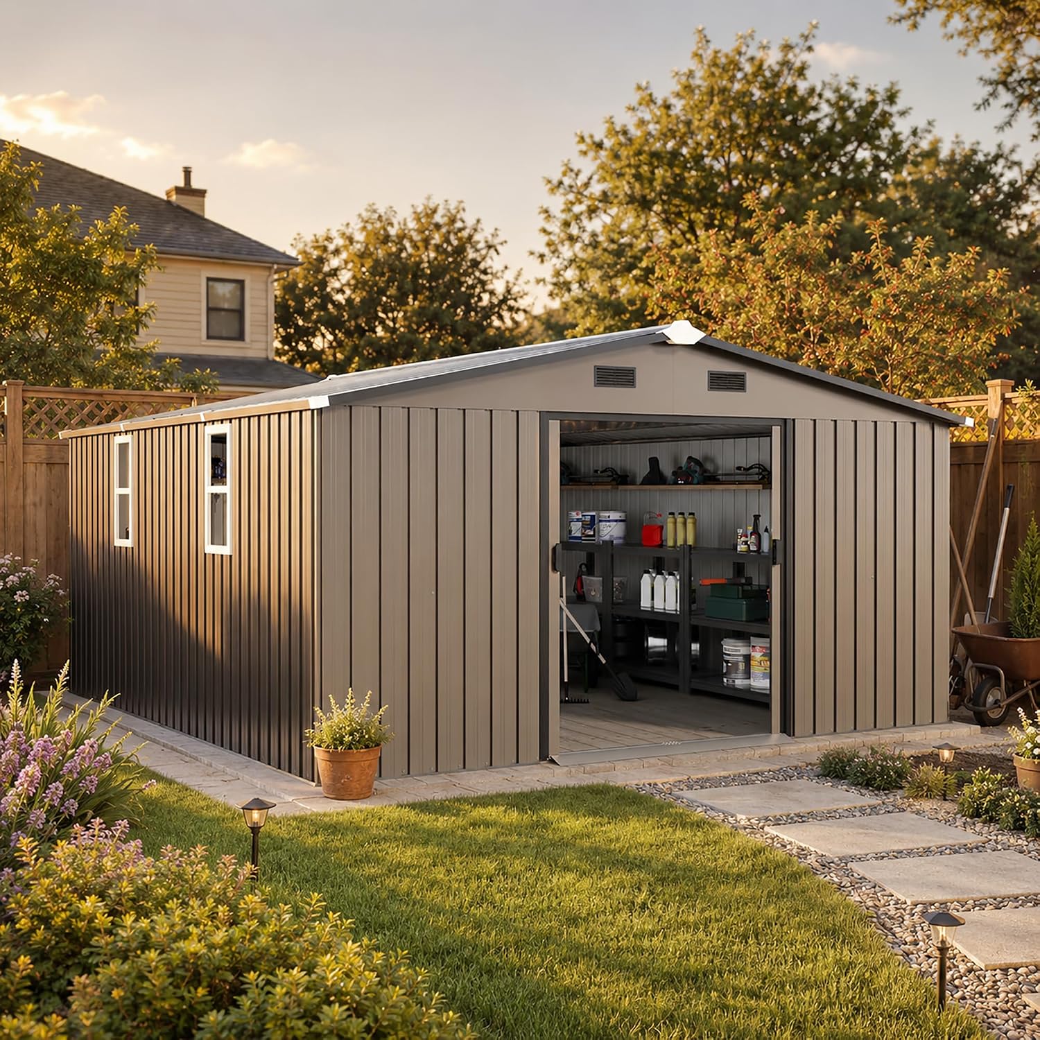 10x12フィートの屋外用金属製収納庫、耐候性のある庭用物置 - Gardening Tools Of のレビューと価格