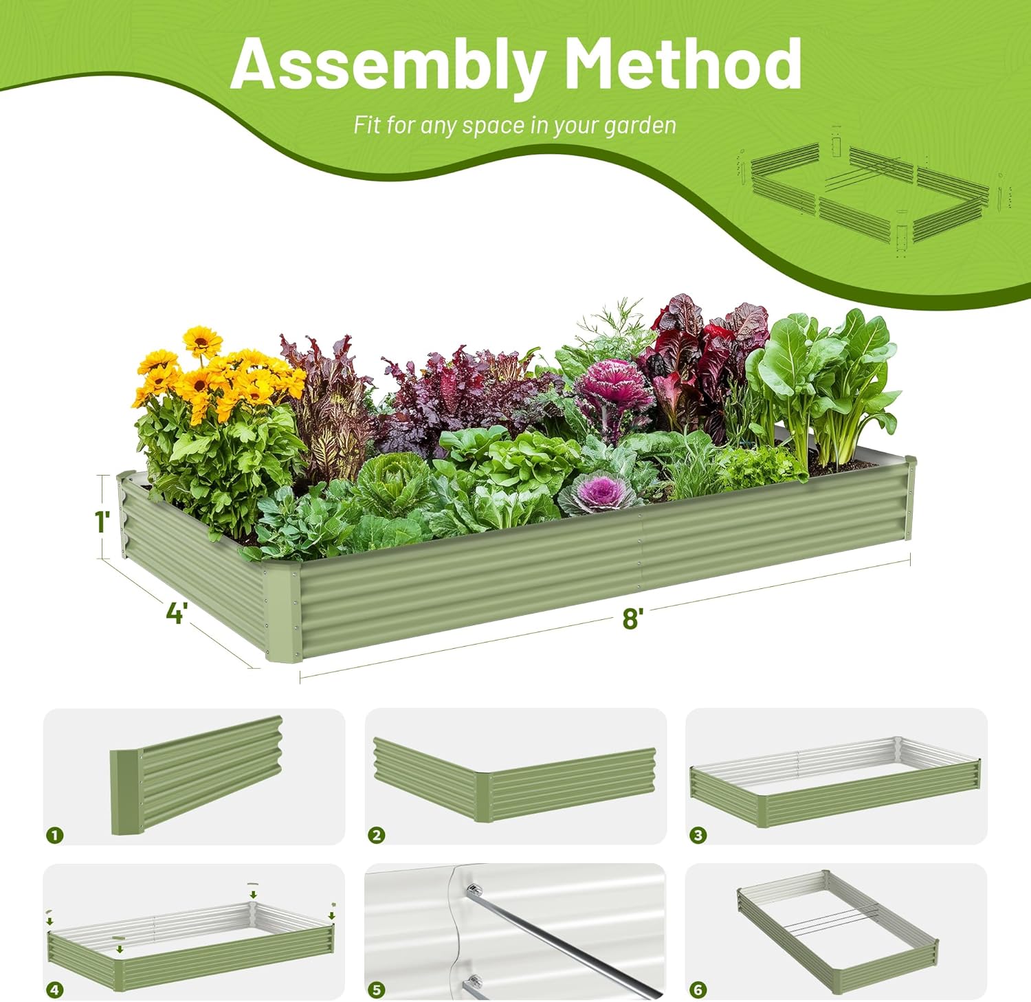 屋外野菜栽培用金属製高床式菜園、亜鉛メッキ鋼、8x4x1フィ - Raised Bed Planter Box のレビューと価格