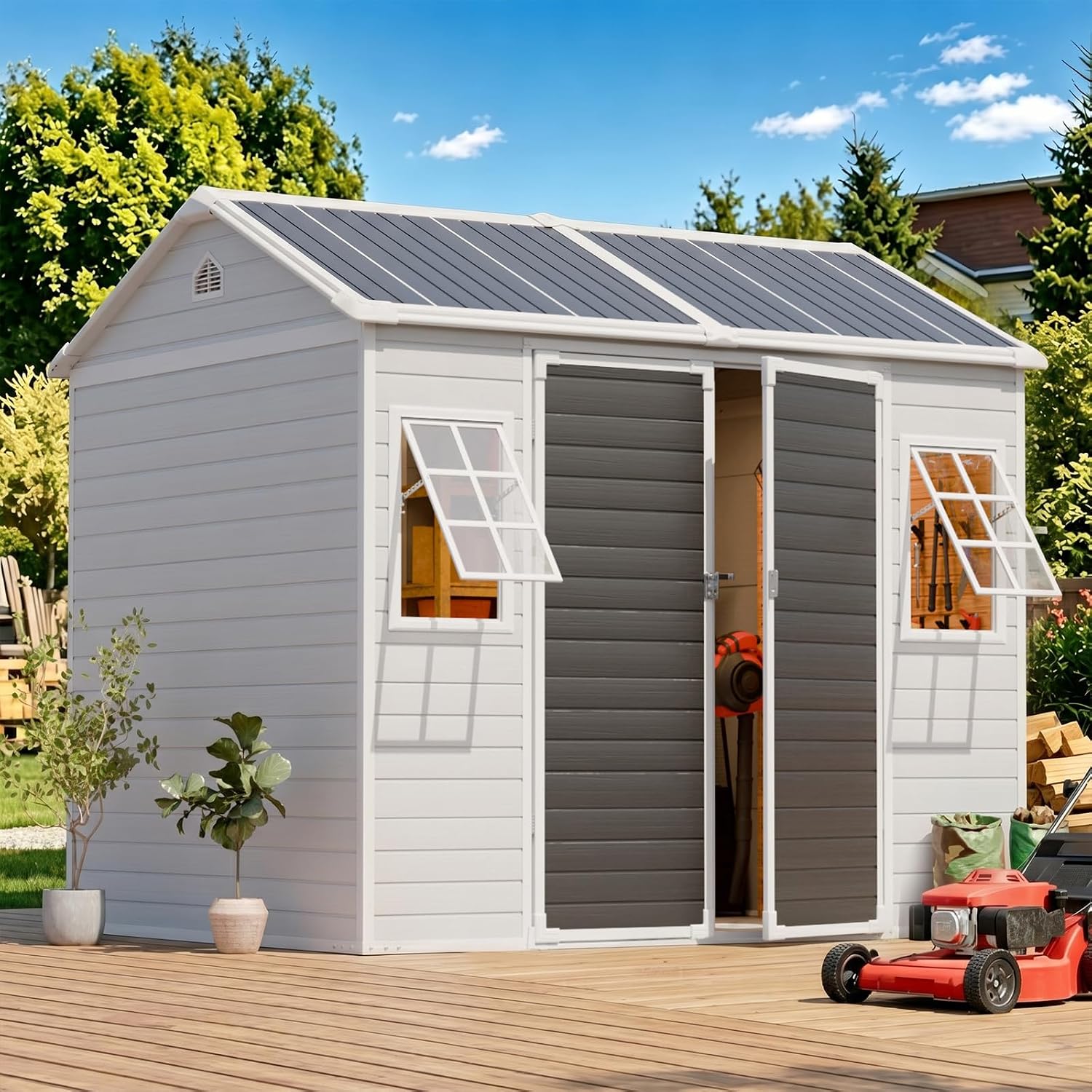 8x6フィートの樹脂製収納庫、床は厚さ14mmのパネル、屋外 - Gardening Tools Of のレビューと価格