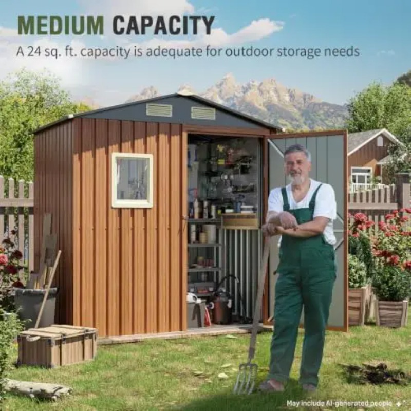 屋外収納庫 6x4フィート、窓付きロック可能な金属製ガーデン - Gardening Tools Of のレビューと価格